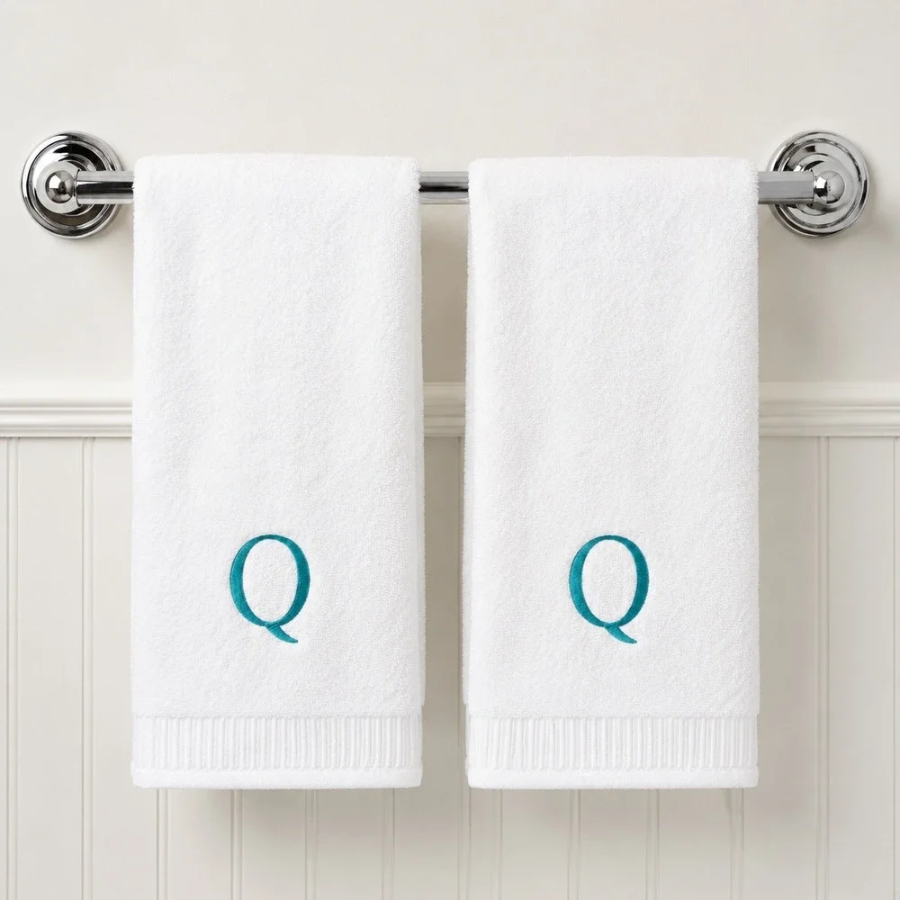 Decorvo Set of 2 White Organic Cotton Monogrammed Letter Q Hand Towels Teal